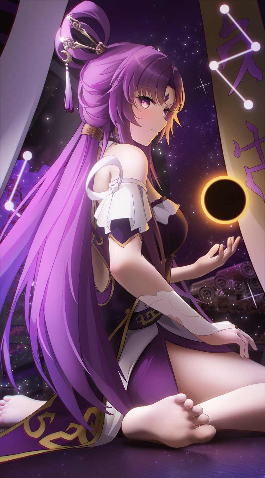 1girl bare_shoulders barefoot bow-shaped_hair breasts closed_mouth constellation constellation_print detached_sleeves forehead_jewel fu_xuan_(honkai:_star_rail) hair_ornament hair_rings hair_stick highres honkai:_star_rail honkai_(series) jewelry leggings legs ling_dianxia long_hair looking_at_viewer low_twintails parted_bangs pink_eyes pink_hair pink_tassel solo tassel twintails white_leggings