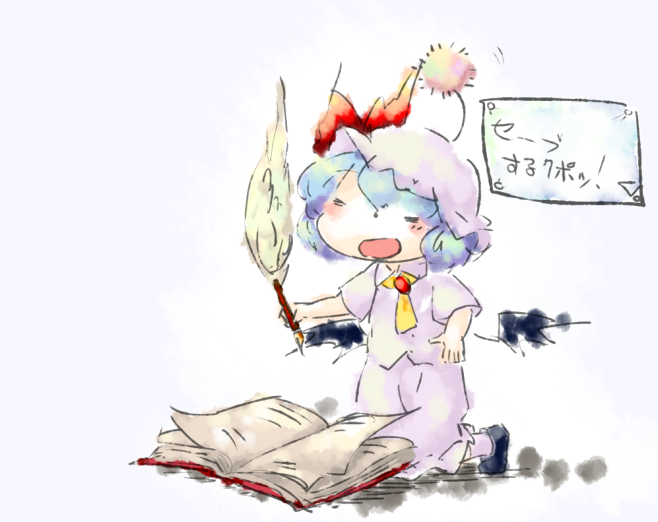 1girl =_= blue_hair blush_stickers book bow closed_eyes commentary holding holding_pen open_book open_mouth pen red_bow remilia_scarlet short_hair short_sleeves simple_background sitting solo symbol-only_commentary touhou translation_request white_background wings yaise