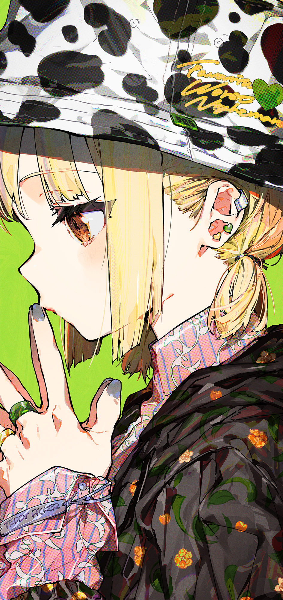 1girl animal_print black_jacket blonde_hair brown_eyes closed_mouth collared_shirt commentary_request cow_print floral_print green_background grey_nails hands_up hat highres jacket long_sleeves mika_pikazo nail_polish original pink_shirt print_headwear print_jacket profile shirt simple_background solo steepled_fingers