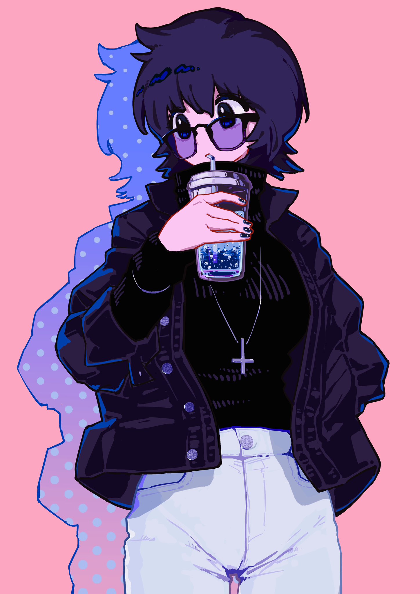 1girl black-framed_eyewear black_hair black_sweater breasts cross cross_necklace cup denim drink drinking drop_shadow glasses highres holding holding_drink hunter_x_hunter inverted_cross jacket jeans jewelry long_sleeves masaartjv nail_polish necklace open_clothes open_jacket pants pink_background shizuku_murasaki short_hair simple_background solo sweater turtleneck white_pants