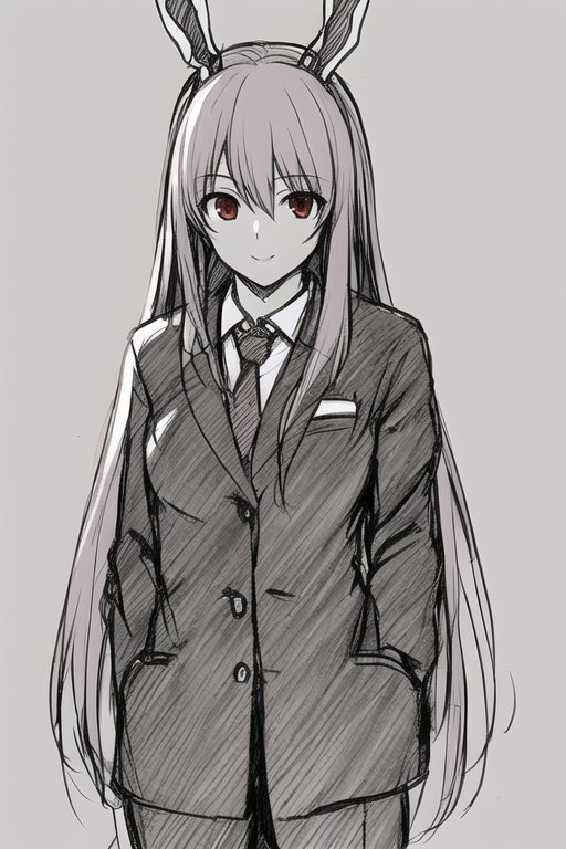 1girl animal_ears blazer closed_mouth collared_shirt commentary gorigennnu232 hands_in_pockets jacket long_hair long_sleeves looking_at_viewer necktie pants rabbit_ears rabbit_girl red_eyes reisen_udongein_inaba shirt simple_background smile solo touhou