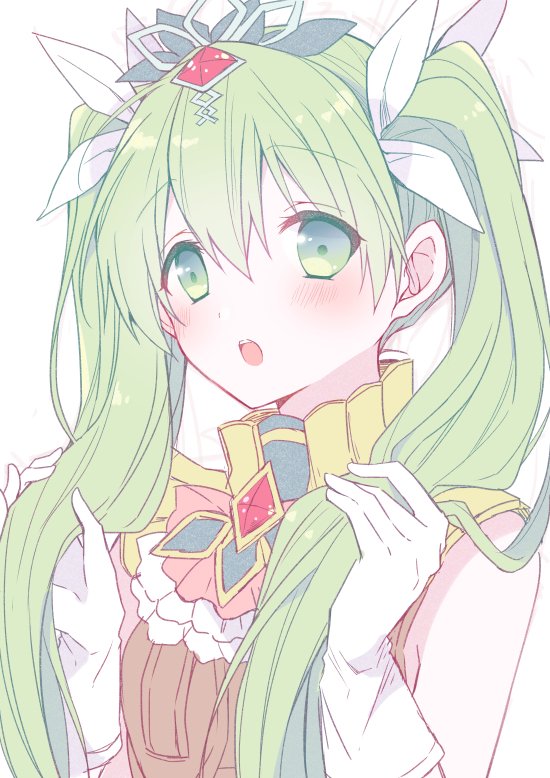 1girl :o blush commentary_request frey_(rune_factory) frills gloves green_eyes green_hair hair_between_eyes hair_ribbon hands_up holding holding_hair long_hair looking_at_viewer mini_mamu open_mouth ribbon rune_factory rune_factory_4 simple_background sleeveless solo tiara twintails upper_body white_background white_gloves