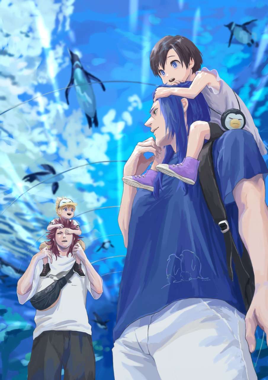 1girl 3boys aquarium axel_(kingdom_hearts) backpack bag bird black_footwear black_hair black_pants black_shorts blonde_hair blue_eyes blue_hair blue_shirt carrying child closed_eyes fanny_pack frilled_sleeves frills from_below hair_between_eyes hair_slicked_back hat highres kingdom_hearts kingdom_hearts_ii long_hair mukashino multiple_boys open_mouth pants parted_bangs penguin penguin_hat piggyback purple_footwear redhead roxas saix scar scar_on_face scar_on_forehead shirt shoes short_hair short_sleeves shorts smile sneakers upper_body white_pants white_shirt xion_(kingdom_hearts)