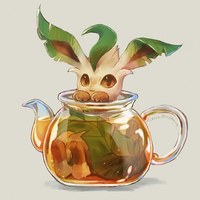 glass_teapot in_teapot leafeon looking_at_viewer momomo12 no_humans partially_submerged pokemon pokemon_(creature) simple_background solo white_background