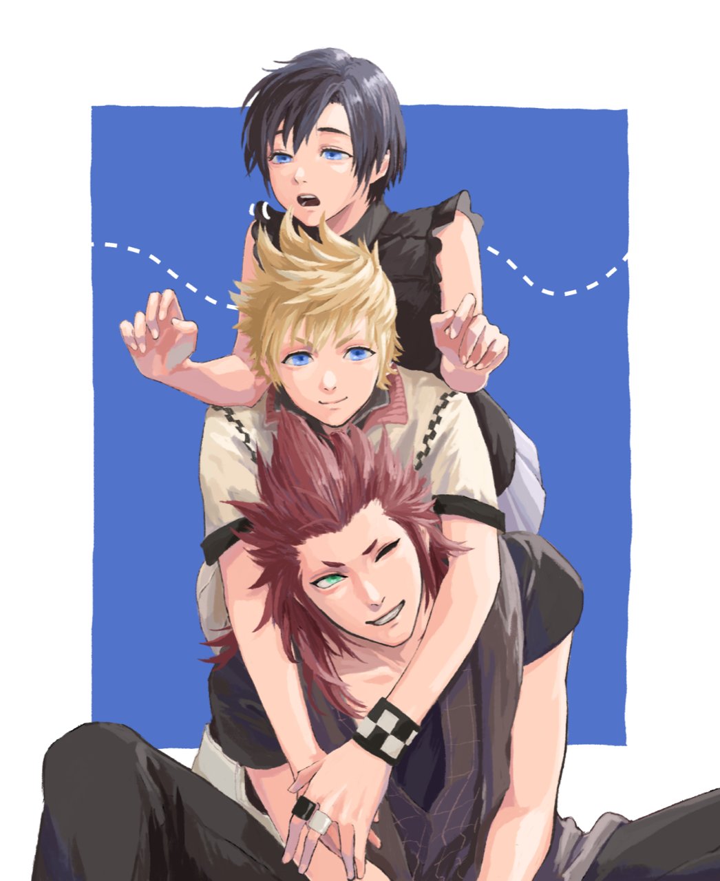 1girl 2boys arms_around_neck axel_(kingdom_hearts) bare_arms black_hair black_pants black_shirt blonde_hair blue_background blue_eyes border frilled_sleeves frills green_eyes grin hair_slicked_back half-closed_eyes highres hug hug_from_behind jacket jewelry kingdom_hearts kingdom_hearts_iii mukashino multiple_boys multiple_rings one_eye_closed open_mouth pants pleated_skirt redhead ring roxas shirt short_eyebrows short_hair short_sleeves sideburns skirt smile spiky_hair teeth upper_body white_border white_jacket white_skirt wristband xion_(kingdom_hearts)