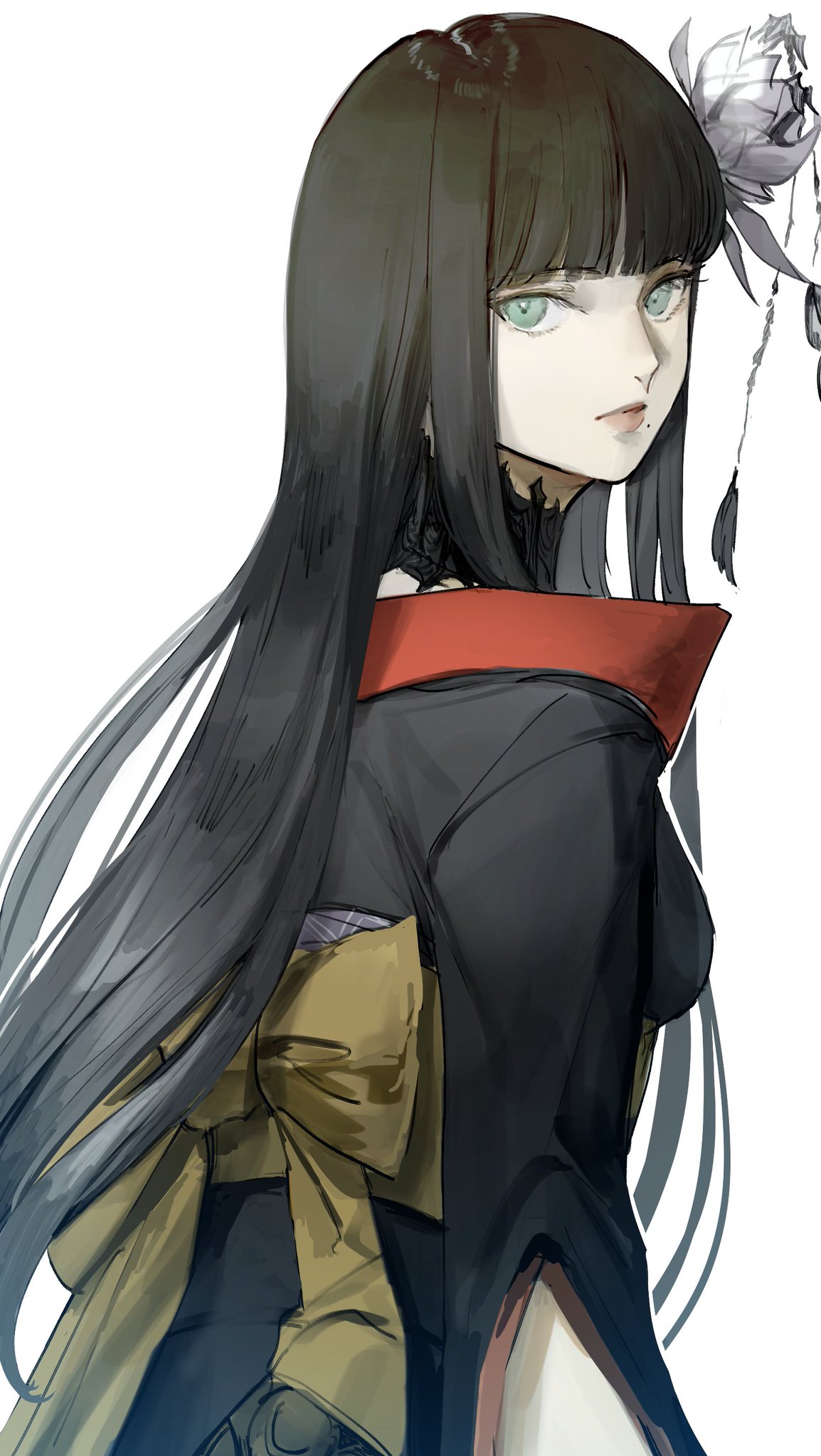 1girl arms_at_sides bad_id bad_pixiv_id black_collar black_hair black_kimono blunt_bangs collar expressionless final_fantasy final_fantasy_xiv flower from_side green_eyes hair_flower hair_ornament highres hyur japanese_clothes kimono kuroge_(kewagyuu) lace_collar long_hair looking_at_viewer looking_back mole mole_under_mouth obi obiage sash simple_background solo standing straight_hair upper_body white_background yotsuyu_goe_brutus