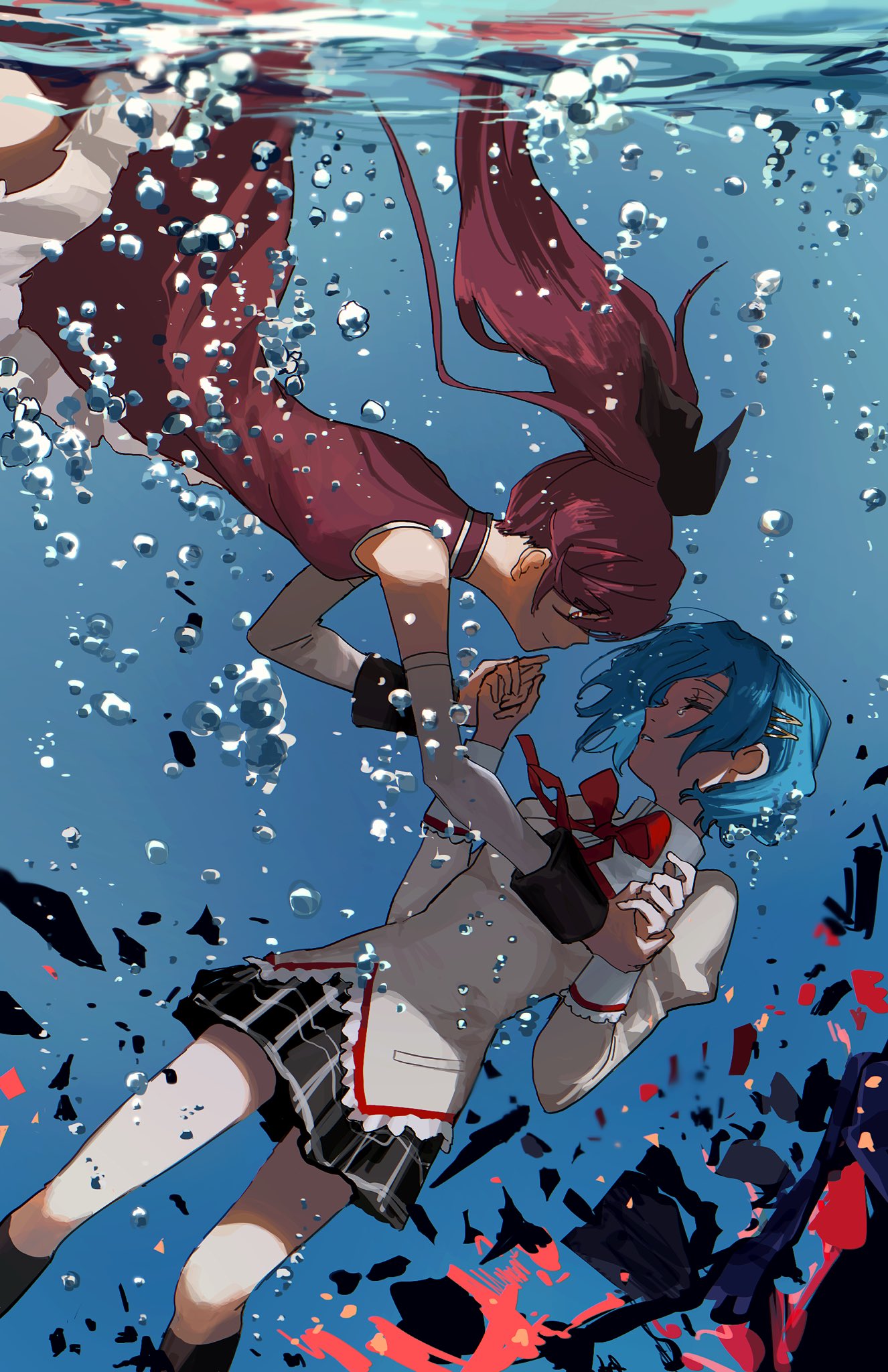 2girls air_bubble black_bow black_skirt black_socks blue_hair bow bowtie bubble choroi_amachori closed_eyes crying debris detached_sleeves dress from_side hair_ornament hairclip hand_grab hands_up high_collar highres juliet_sleeves long_hair long_sleeves looking_at_another mahou_shoujo_madoka_magica mahou_shoujo_madoka_magica_(anime) miki_sayaka mitakihara_school_uniform multiple_girls parted_lips plaid plaid_skirt pleated_skirt ponytail profile puffy_sleeves red_bow red_bowtie red_dress red_eyes redhead sakura_kyouko school_uniform shirt short_hair sinking skirt sleeve_cuffs sleeveless sleeveless_dress smile socks tears unconscious underwater white_sleeves yellow_shirt