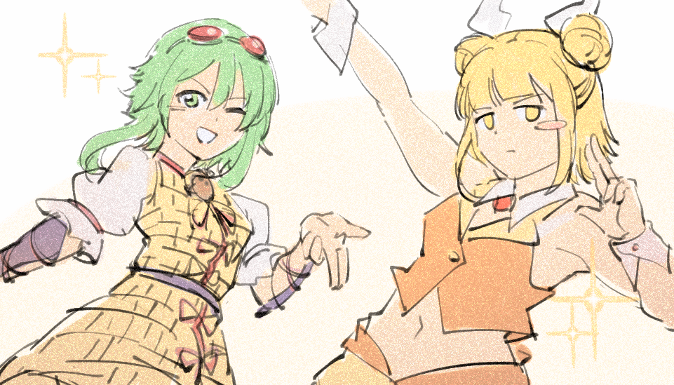 2girls arm_ribbon arm_up blonde_hair brooch buttons chinese_commentary choker closed_mouth coat collared_shirt commentary_request cosplay costume_switch crop_top crossover double_bun expressionless gem goggles goggles_on_head green_eyes green_hair gumi hair_bun hair_ribbon haniwa_(statue) jewelry joutouguu_mayumi looking_at_viewer midriff multiple_girls navel one_eye_closed open_mouth orange_shirt orange_skirt outstretched_arm outstretched_hand puffy_short_sleeves puffy_sleeves red-tinted_eyewear red_gemstone red_ribbon ribbon sdz_(inazuma) shirt short_hair short_sleeves sidelocks single_blush_sticker sketch skirt sleeveless sleeveless_shirt smile sparkle tinted_eyewear touhou upper_body v-shaped_eyebrows vocaloid white_choker white_ribbon white_sleeves white_wrist_cuffs yellow_armor yellow_background yellow_coat yellow_eyes