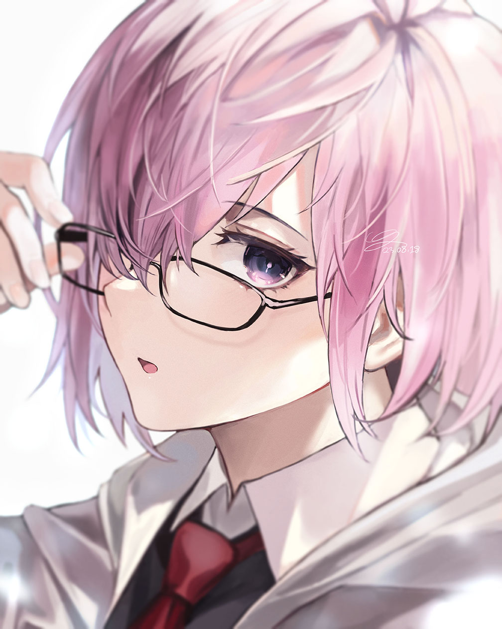1girl adjusting_eyewear black-framed_eyewear black_shirt collared_shirt commentary_request dated fate/grand_order fate_(series) glasses grey_jacket hair_over_one_eye highres hood hood_down hooded_jacket jacket light_purple_hair looking_at_viewer mash_kyrielight necktie okarun one_eye_covered open_clothes open_jacket red_necktie shirt short_hair signature simple_background solo upper_body violet_eyes white_background