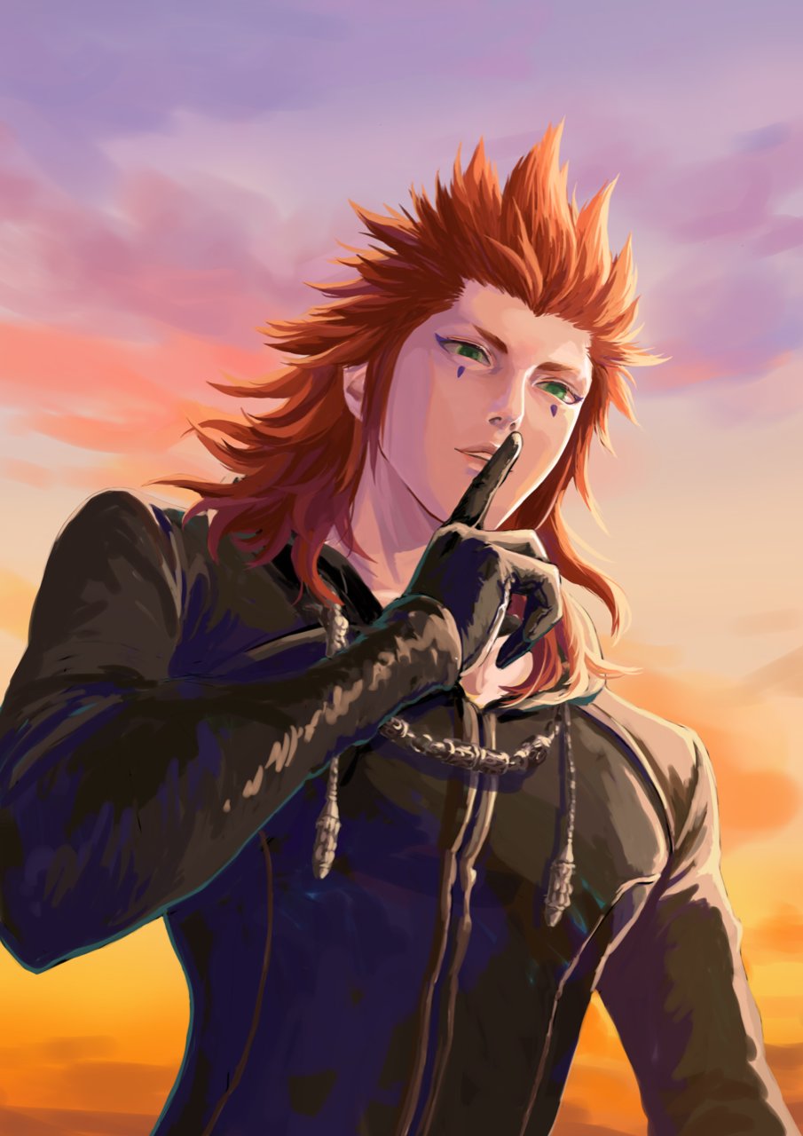 1boy axel_(kingdom_hearts) black_gloves black_robe clouds cloudy_sky eyeliner facial_mark finger_to_mouth gloves green_eyes hair_slicked_back highres hood hood_down hooded_robe kingdom_hearts kingdom_hearts_ii long_hair long_sleeves makeup male_focus mukashino parted_lips redhead robe short_eyebrows sideburns sky solo sunset upper_body