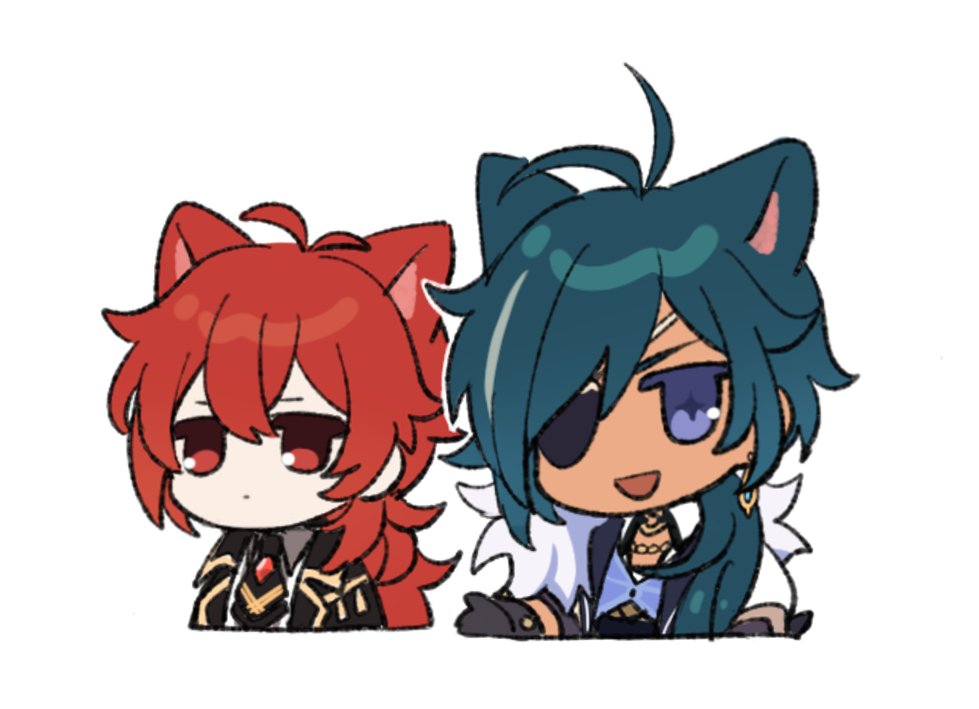 2boys animal_ears antenna_hair black_gloves blue_eyes blue_hair cat_ears diluc_(genshin_impact) eyepatch genshin_impact gloves kaeya_(genshin_impact) long_hair low_ponytail marimo_jh multiple_boys open_mouth red_eyes redhead simple_background smile upper_body very_long_hair white_background