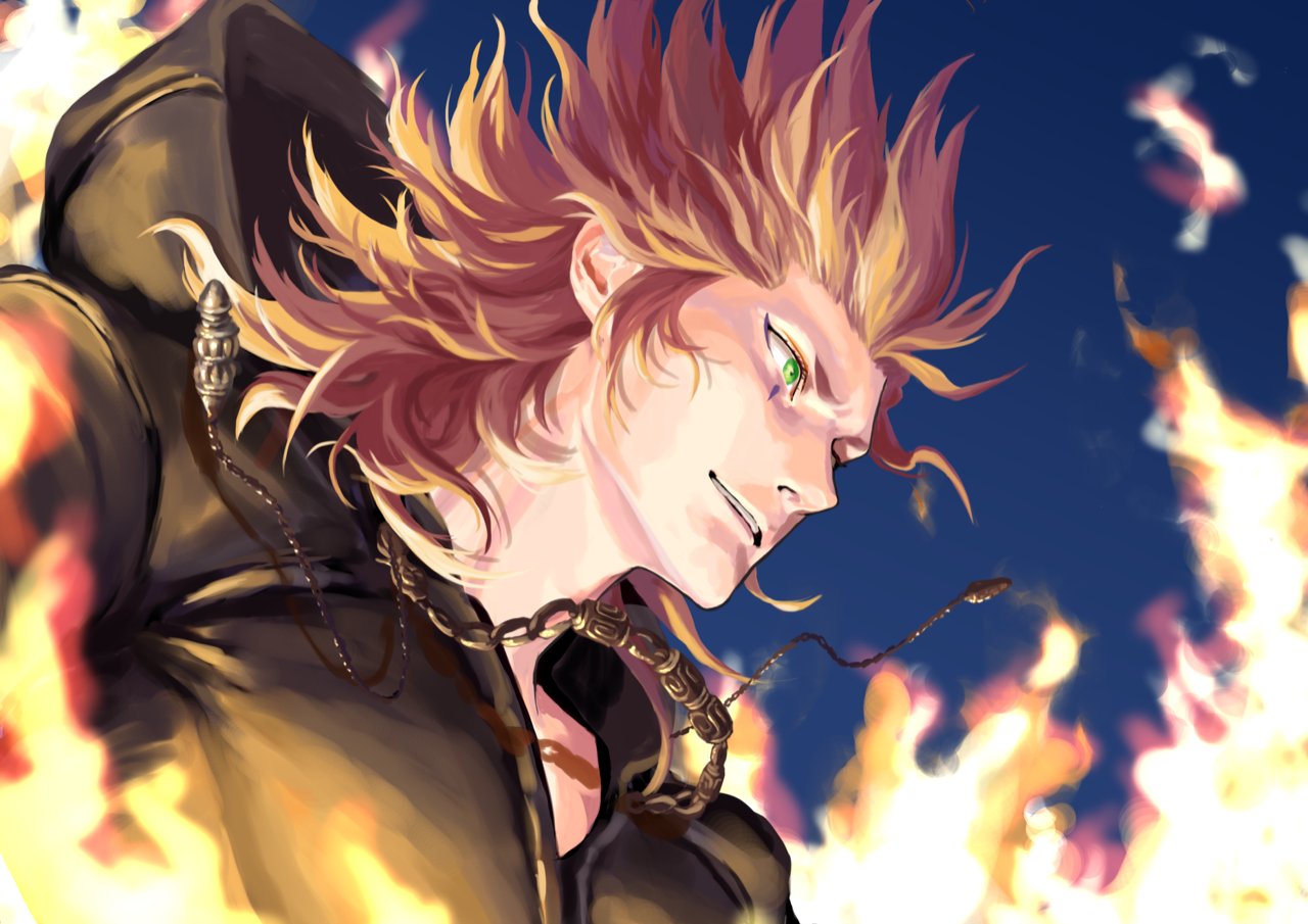 1boy axel_(kingdom_hearts) black_robe blue_background facial_mark facing_to_the_side fire flame furrowed_brow green_eyes hair_slicked_back hood hood_down hooded_robe jewelry kingdom_hearts kingdom_hearts_ii long_hair male_focus mukashino necklace parted_lips redhead robe short_eyebrows sideburns solo upper_body