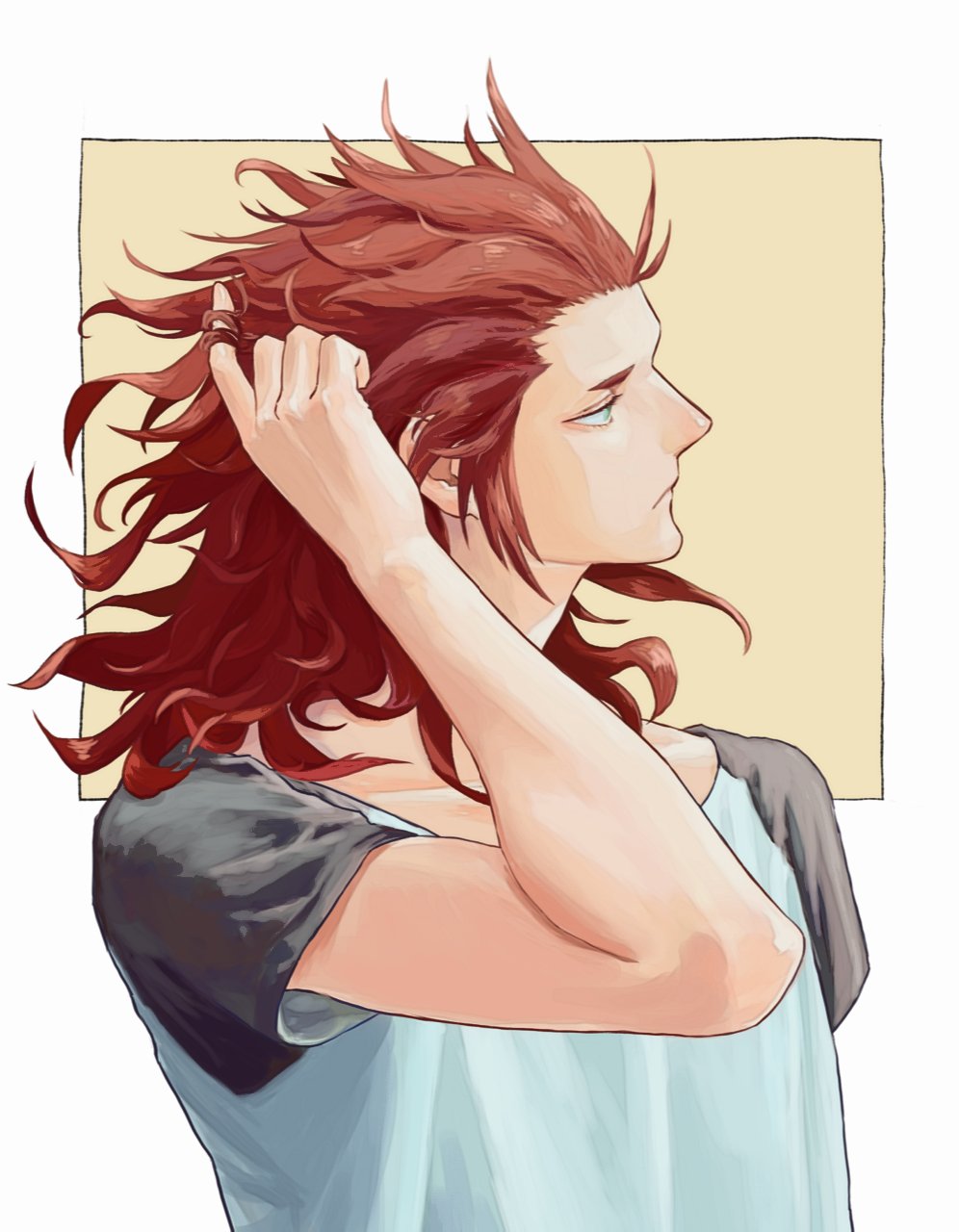 1boy alternate_costume axel_(kingdom_hearts) black_sleeves border casual closed_mouth facing_to_the_side green_eyes hair_slicked_back hand_in_own_hair highres kingdom_hearts kingdom_hearts_ii male_focus medium_hair mukashino profile redhead short_eyebrows short_sleeves sideburns solo upper_body white_border yellow_background