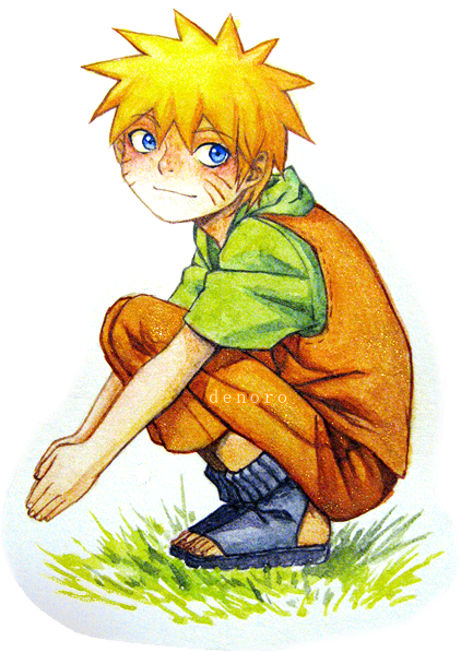 artist_name blonde_hair blue_eyes child commentary commentary_request denoro forehead_protector grass looking_to_the_side naruto naruto_(series) ninja orange_overalls orange_pants overalls pants photoshop_(medium) russian_commentary sandals signature spiky_hair uzumaki_naruto