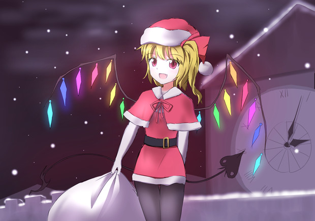 belt blonde_hair capelet flandre_scarlet laevatein minust open_mouth pantyhose resized sack santa_costume snow touhou wings