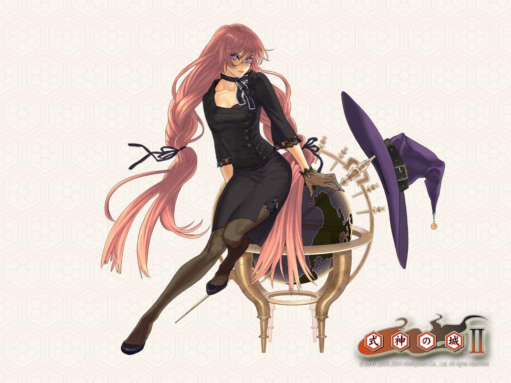 braid choker fumiko_odette_vanstein glasses globe gloves hair_ribbon hat lace long_hair official_art pantyhose pink_hair purple_eyes ribbon shikigami_no_shiro shikigami_no_shiro_2 shikigami_no_shiro_ii sitting sitting_on_person solo twin_braids twintails very_long_hair wallpaper witch witch_hat