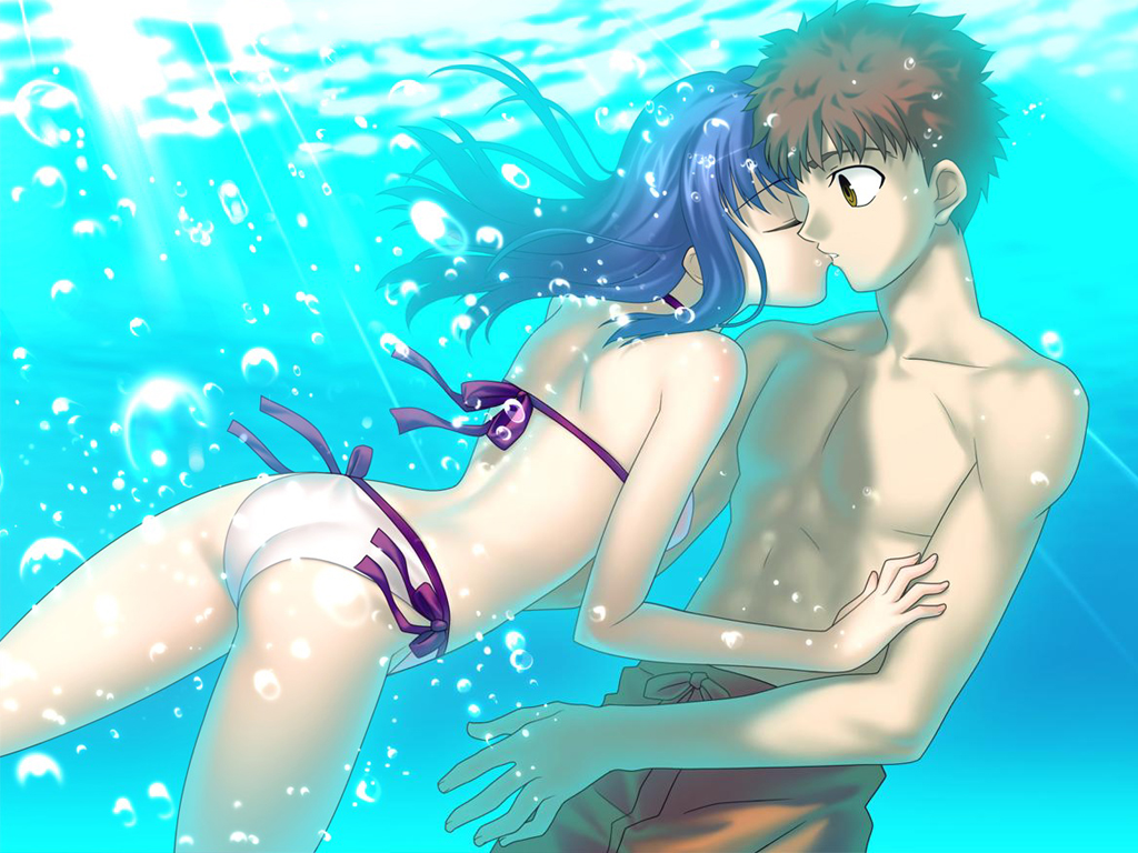 1boy 1girl bikini blue_hair brown_eyes brown_hair bubble couple emiya_shirou fate/hollow_ataraxia fate/stay_night fate_(series) female_swimwear game_cg kiss male_swimwear matou_sakura side-tie_bikini swim_trunks swimsuit takeuchi_takashi underwater water