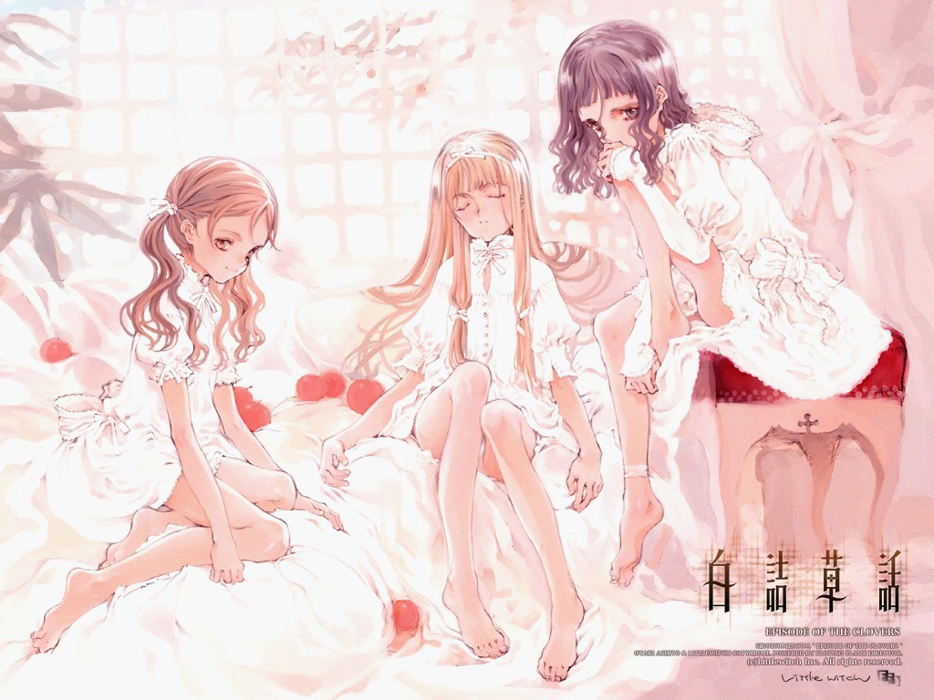 3girls anklet apple bangs barefoot black_eyes black_hair blonde_hair blunt_bangs bow brown_hair buttons closed_eyes copyright_notice couch cross curtains dress ema_(shirotsume_souwa) feet flat_chest food fruit hair_between_eyes hair_ribbon hairband indoors jewelry kneeling knees_on_chest leaf leaning_forward legs lolita_fashion long_hair long_legs looking_at_viewer looking_back multiple_girls official_art ooyari_ashito orange_eyes panties pantyshot pantyshot_sitting parted_bangs payot profile ribbon sayu_(shirotsume_souwa) shirotsume_souwa short_dress short_hair sitting sleeping sleeves_past_wrists smile stool title_drop touka_(shirotsume_souwa) turtleneck twintails underwear very_long_hair wallpaper wavy_hair white_panties window yokozuwari