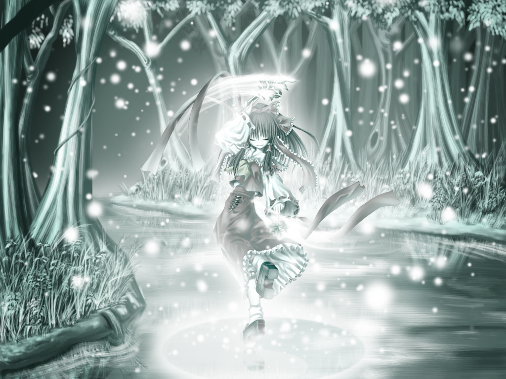 ascot bow closed_eyes dancing detached_sleeves forest glowing green hair_bow hair_tubes hakurei_reimu japanese_clothes miko muted_color nature no_nose platform_footwear river skirt skirt_set smile snowing touhou tree wallpaper water
