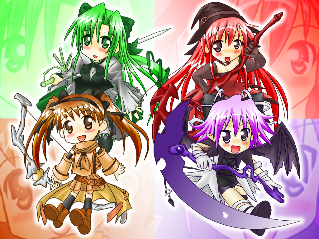 4girls bat_wings blush bow_(weapon) chibi cierra detached_sleeves fia green_eyes green_hair hairband happy hat long_hair lyuri multiple_girls orange_eyes orange_hair pink_eyes purple_eyes purple_hair red_hair riviera serene_(riviera) short_hair skirt twintails wallpaper weapon wings witch_hat zoom_layer