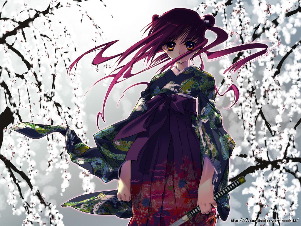 flower japanese_clothes kimono long_hair odango pink_hair recchiki red_hair ribbon sakura sword twintails wallpaper weapon