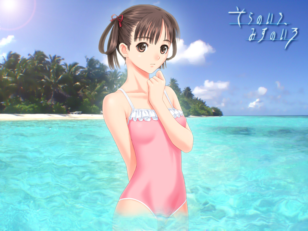 arm_behind_back beach black_hair casual_one-piece_swimsuit forest frilled_swimsuit frills hair_rings hand_to_mouth nature ocean one-piece_swimsuit palm_tree photo_background sora_no_iro_mizu_no_iro sorayama_natsume sun swimsuit taka_tony tree water
