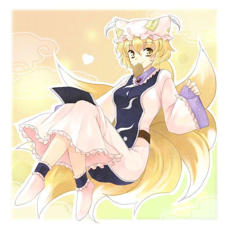 blonde_hair coco_(119267104) food fox_tail hat heart mouth_hold multiple_tails short_hair smile solo surcoat tail touhou yakumo_ran yellow_eyes