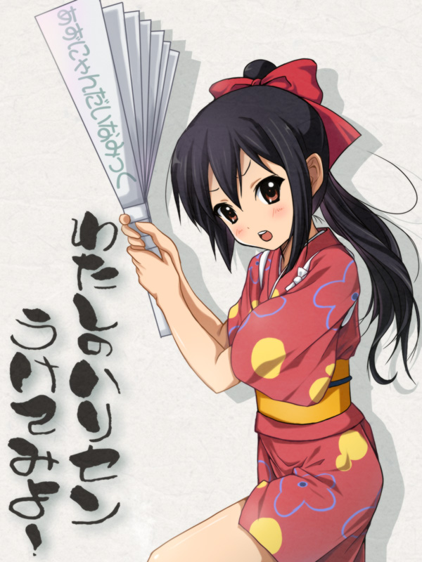 blush brown_eyes fan hair_ribbon harisen japanese_clothes k-on! kimono long_hair nakano_azusa obi open_mouth paper_fan ponytail ribbon ryunnu short_kimono solo tasuki translated