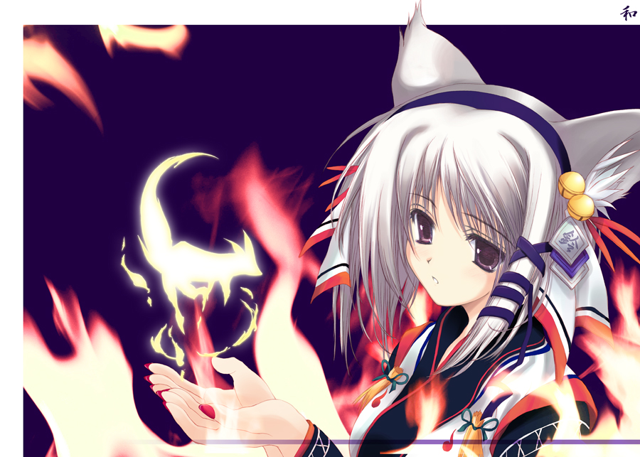 bell black_eyes fox_ears hairband japanese_clothes nail_polish original silver_hair solo tenmu_shinryuusai