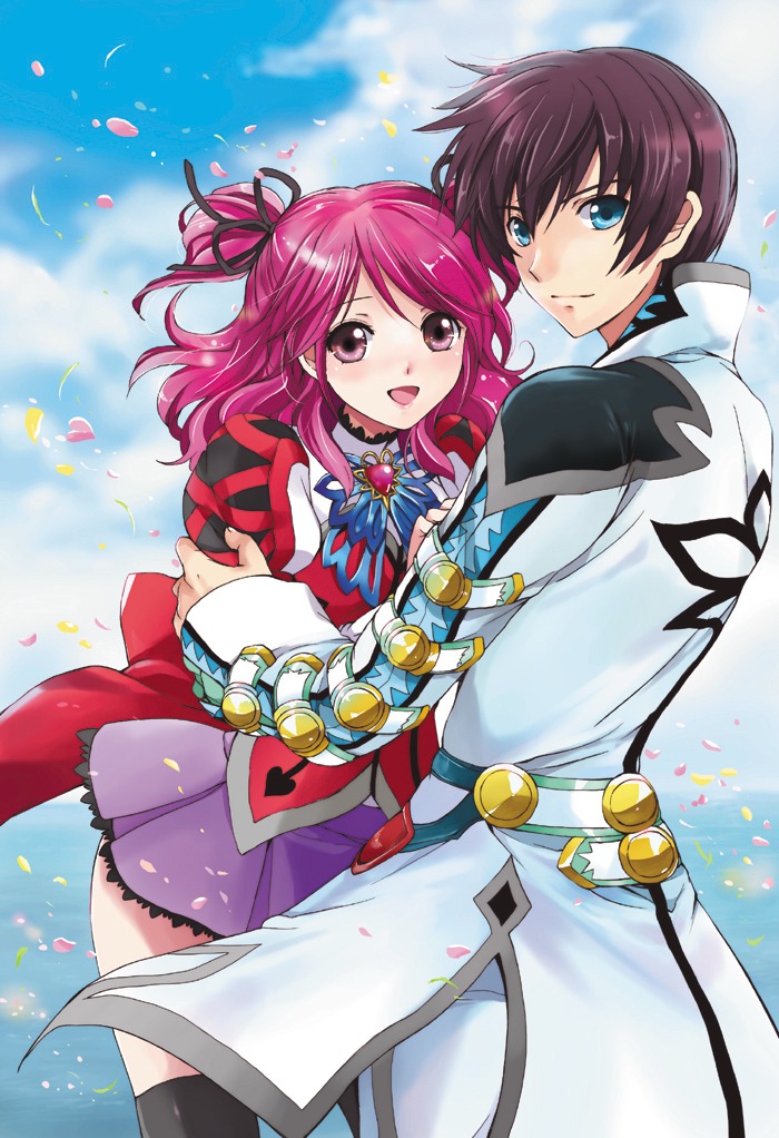 1girl asbel_lhant blue_background blue_eyes brown_hair cheria_barnes couple dress kurimomo long_hair looking_back open_mouth petals pink_eyes pink_hair purple_dress short_hair smile tales_of_(series) tales_of_graces thighhighs