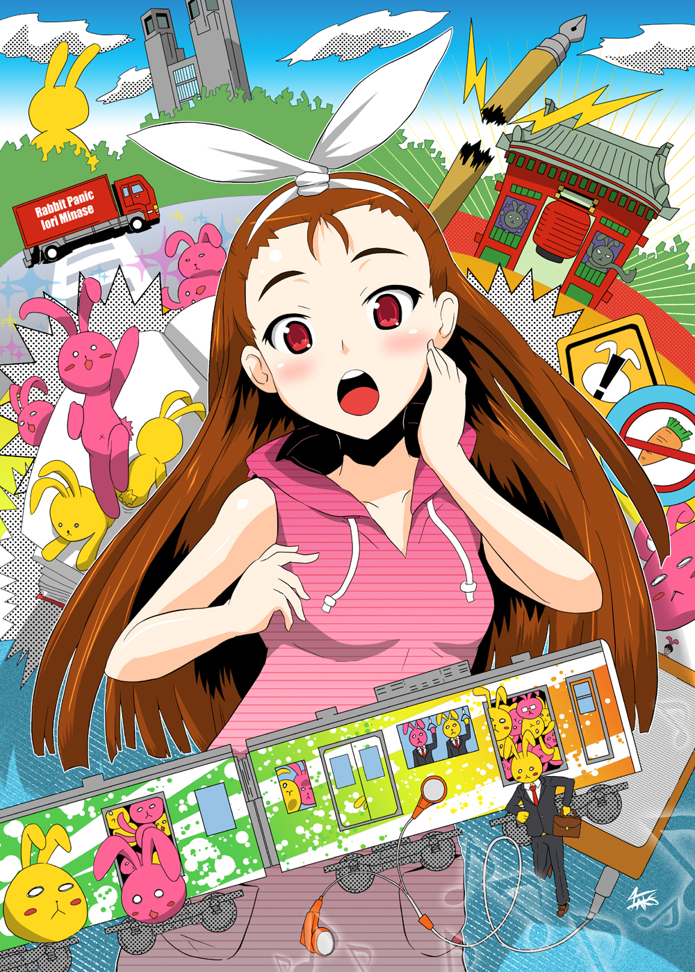 bunny hairband highres idolmaster long_hair minase_iori rabbit red_eyes road_sign sign surprise surprised taka_shida train train_car