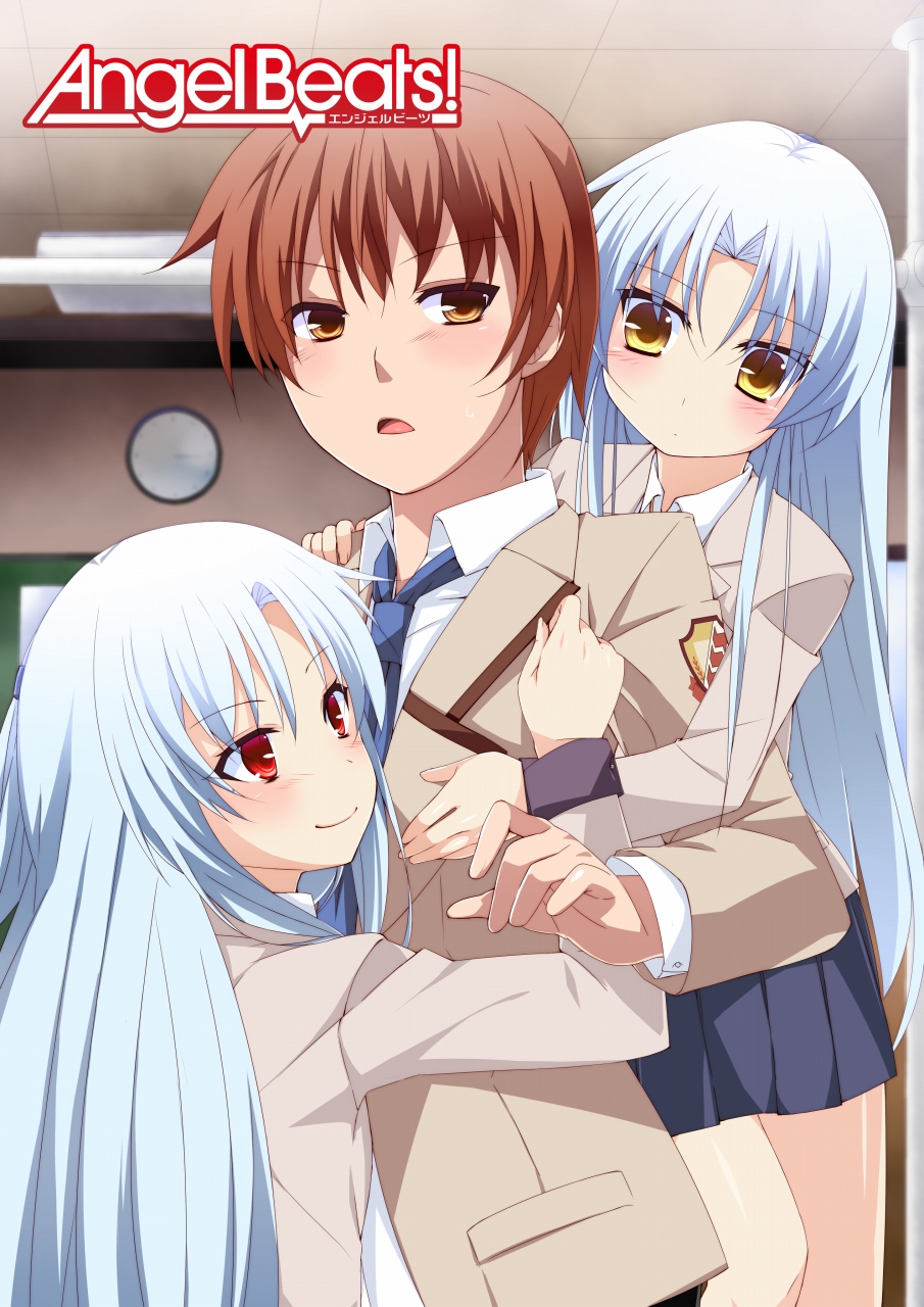 blush dual_persona highres hug nigou_(aozoragarou) otonashi_(angel_beats!) school_uniform tachibana_kanade