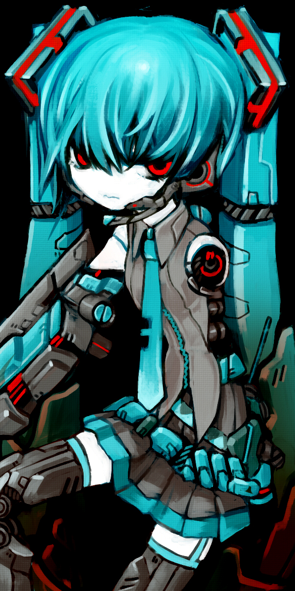 android aqua_hair hatsune_miku headphones headset highres mecha_musume necktie red_eyes robot_joints skirt solo thighhighs twintails vocaloid zinbei