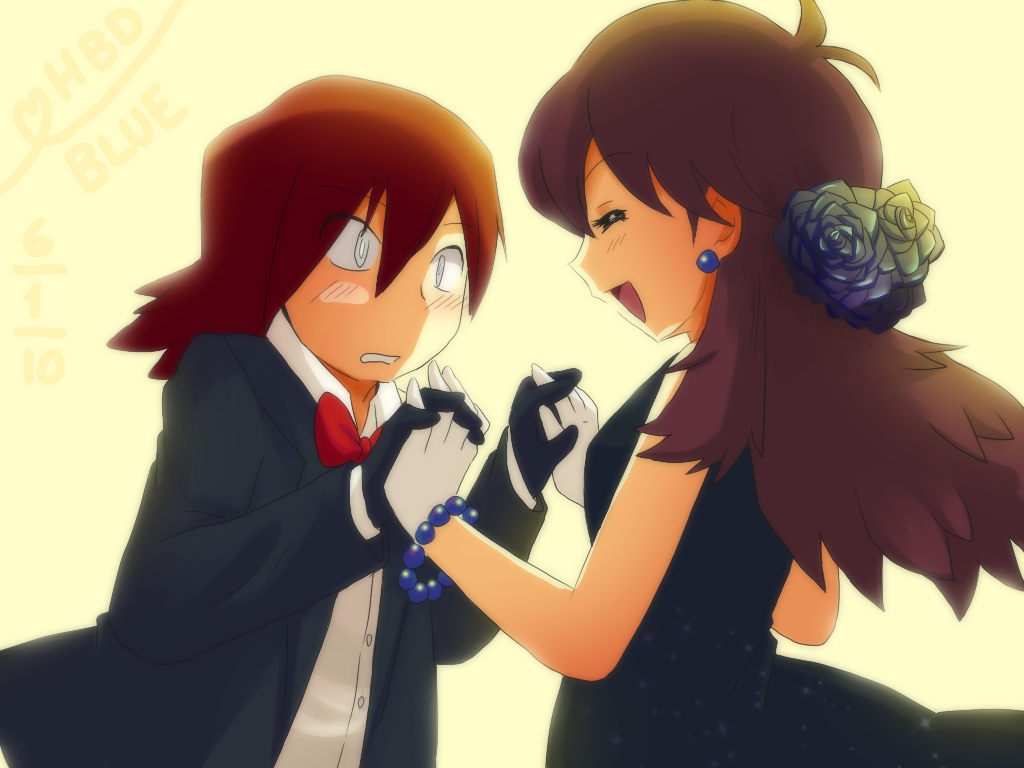 1girl alternate_costume aonik black_dress blue_(pokemon) blush bowtie bracelet brown_hair closed_eyes couple dancing dress earrings embarrassed flower formal gloves hair_ornament happy height_difference jewelry long_hair open_mouth pokemon pokemon_special red_hair silver_(pokemon) silver_eyes sleeveless suit white_gloves