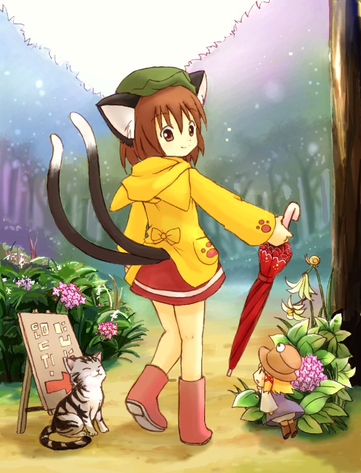 blonde_hair boots brown_eyes brown_hair cat cat_ears cat_tail chen eijima_moko flower forest hat hydrangea lily_(flower) minigirl moriya_suwako multiple_tails nature raincoat sign smile snail tail touhou tree umbrella