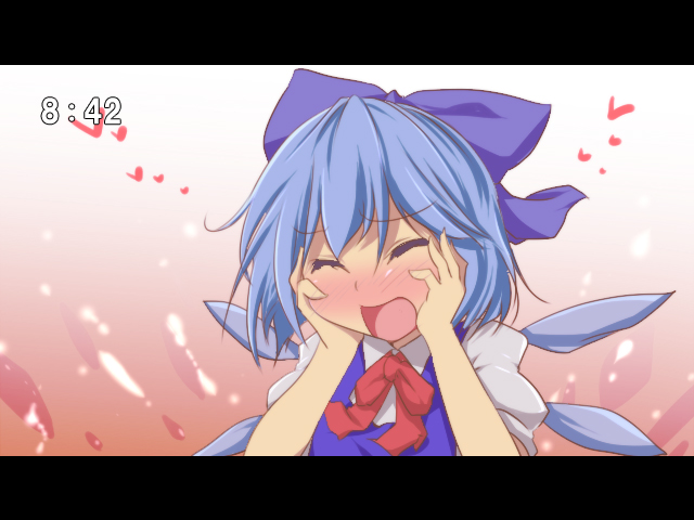 aki_(akikaze_asparagus) autumn_(artist) blue_hair blush cirno clock clockshow closed_eyes fake_screenshot hair_ribbon hands_on_own_cheeks hands_on_own_face heart letterboxed open_mouth ribbon solo timestamp touhou wings