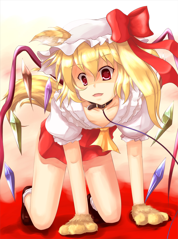 animal_ears blonde_hair collar dacho dog_tail flandre_scarlet gloves hat kemonomimi_mode leash paw_gloves ponytail red_eyes short_hair side_ponytail solo tail touhou wings