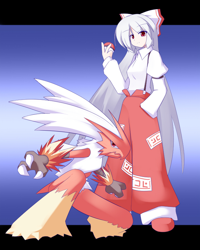 1girl blaziken crossover fujiwara_no_mokou hair_ribbon long_hair miyo_(miyomiyo01) poke_ball pokemon pokemon_(creature) red_eyes ribbon silver_hair talons touhou