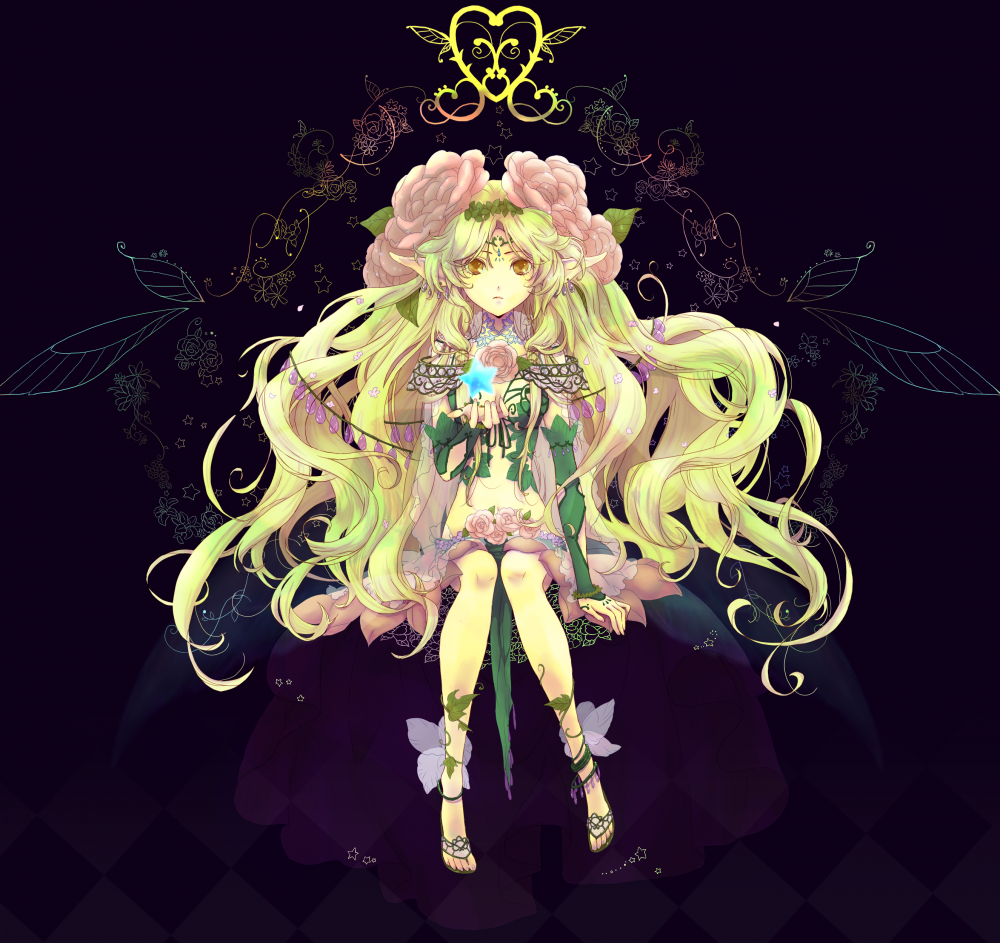 blonde_hair flower green_hair hair_flower hair_ornament long_hair multicolored_hair original pointy_ears solo star toraman very_long_hair yellow_eyes