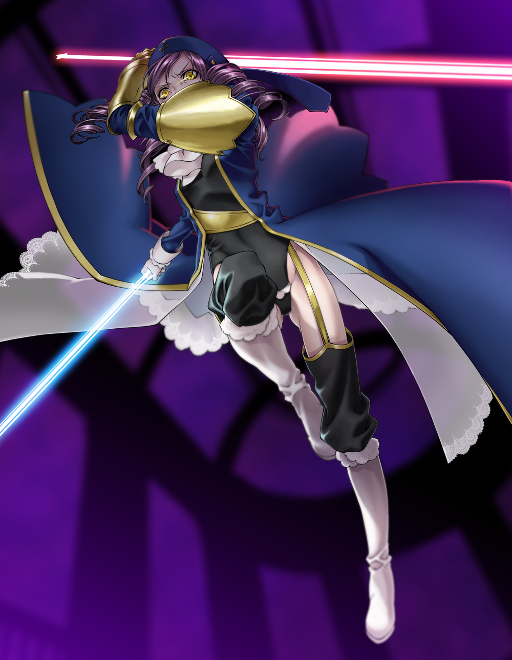 dlanor_a_knox dress drill_hair eiserne_jungfrau gauntlets highres otearai purple_hair solo sword thighhighs umineko_no_naku_koro_ni weapon yellow_eyes