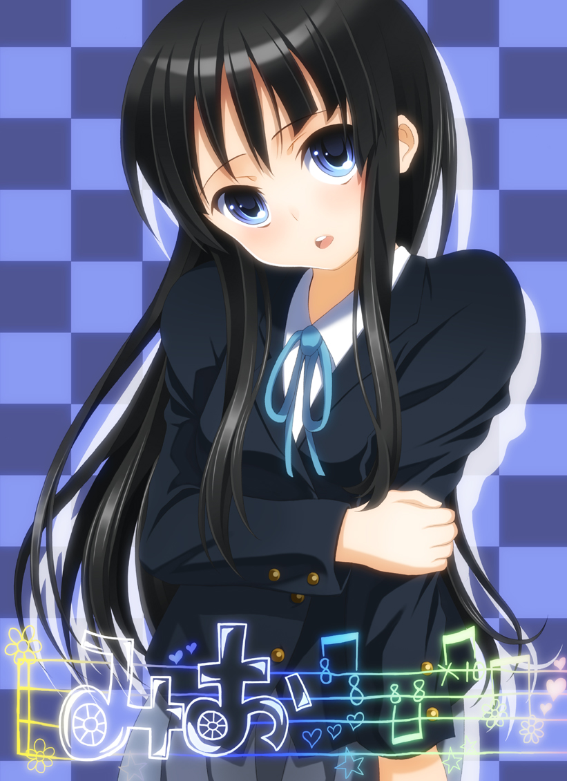 1girl akiyama_mio black_hair blue_eyes checkered checkered_background k-on! lacosoregashi long_hair ribbon school_uniform solo