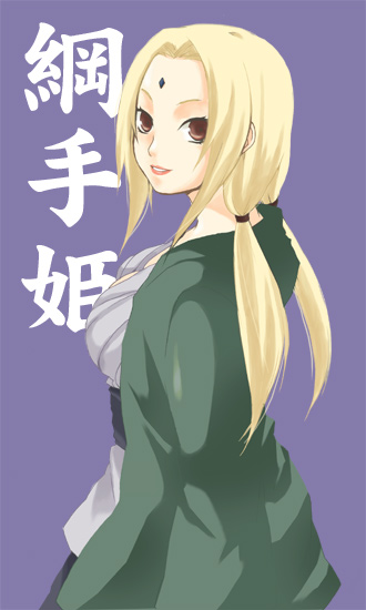 artist_request big_breasts blonde_hair breasts brown_eyes female hair_ribbon long_hair naruto ribbon simple_background smile solo translation_request tsunade twintails