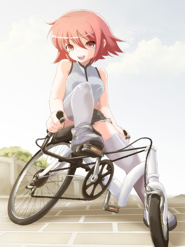 bicycle blz recumbent_bicycle red_eyes red_hair short_hair thigh-highs thighhighs