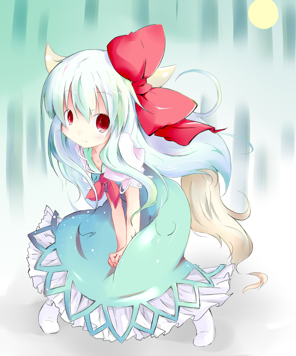 ex-keine hair_bow highres horns kamishirasawa_keine moon red_eyes shichinose tail touhou