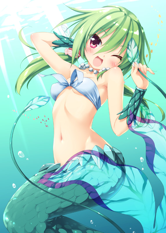 1girl fish_tail green_hair jewelry mermaid monster_girl muromi-san namiuchigiwa_no_muromi-san navel necklace open_mouth peko red_eyes scales solo wink