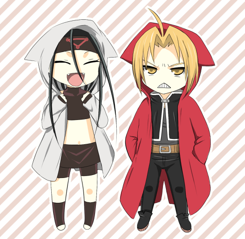 ahoge androgynous angry bad_id chibi closed_eyes edward_elric envy_(fma) fullmetal_alchemist happy hiroshi_(kitaro) homunculus hood hoodie lowres male midriff open_mouth smile yellow_eyes