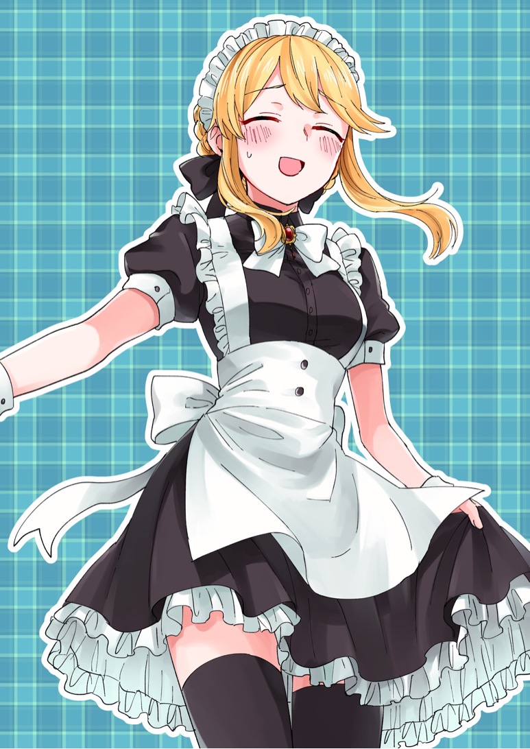 1girl ^_^ apron black_dress black_ribbon black_thighhighs blonde_hair blue_background blush bow bowtie breasts clarice_(idolmaster) closed_eyes cowboy_shot dress frilled_apron frilled_dress frills hair_bow hair_ribbon hand_up idolmaster idolmaster_cinderella_girls idolmaster_cinderella_girls_starlight_stage long_hair maid maid_headdress medium_breasts namiko817 open_mouth outstretched_arm plaid plaid_background red_brooch ribbon short_sleeves shy sidelocks skirt_hold smile solo standing sweatdrop thigh-highs waist_bow white_apron white_bow white_bowtie white_wrist_cuffs zettai_ryouiki