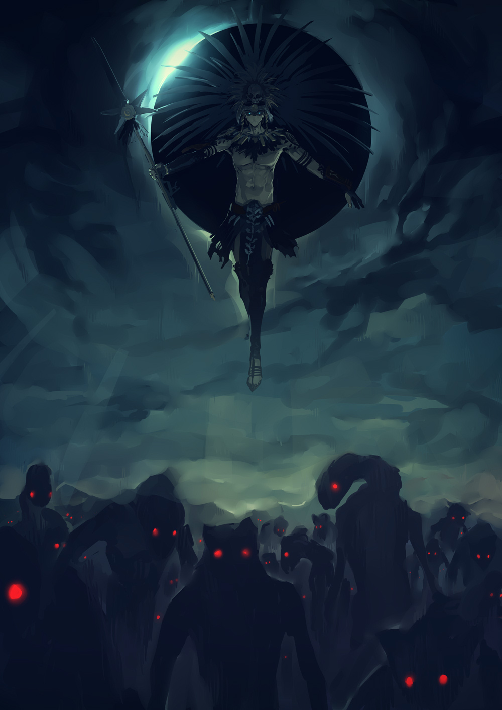 1boy abs animal_head arm_tattoo aztec black_moon expressionless eyes_in_shadow facepaint fate/grand_order fate_(series) floating gold_necklace grey_sky hair_ornament headdress highres holding holding_polearm holding_weapon jewelry long_hair looking_at_viewer melon22 monster moon necklace no_nipples noble_phantasm_(fate) pectorals polearm serious shoulder_tattoo skull_hair_ornament sky sunrise tattoo tezcatlipoca_(fate) tezcatlipoca_(third_ascension)_(fate) toned toned_male traditional_clothes tribal weapon
