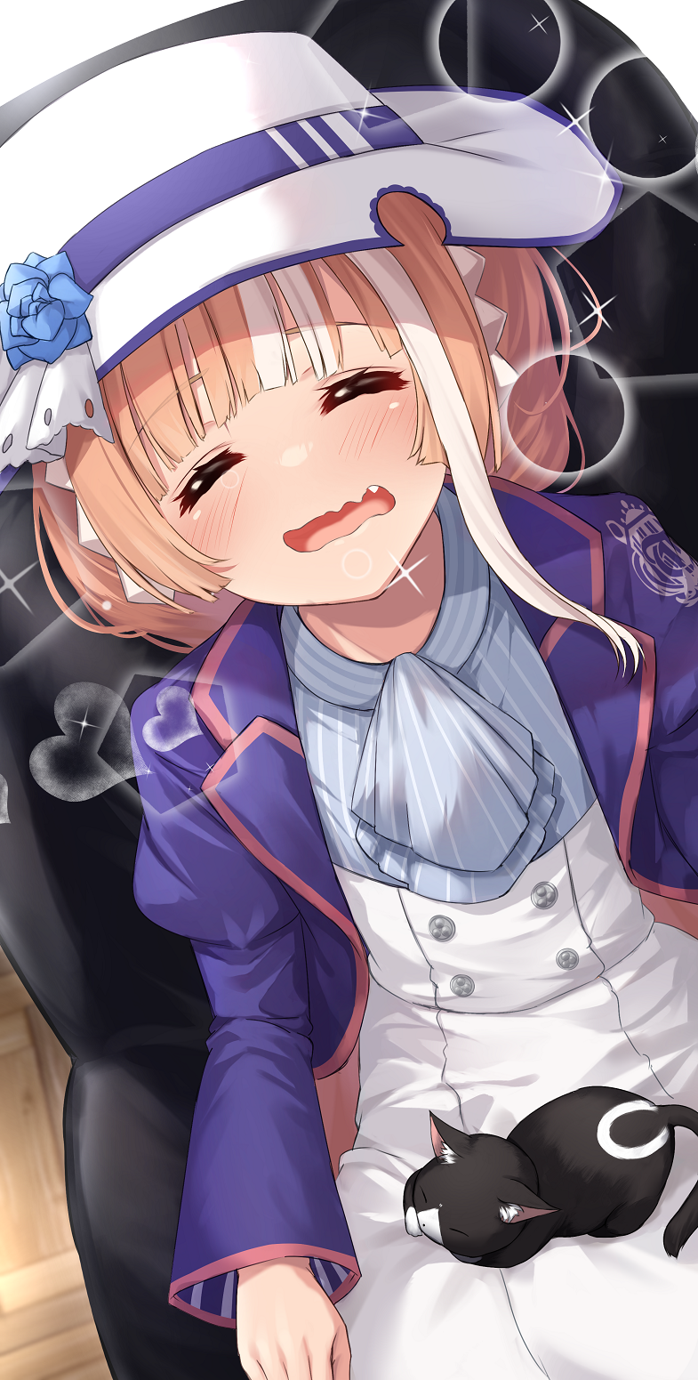 1girl akikawa_yayoi_(umamusume) animal_on_lap ascot blue_ascot blue_flower blue_rose blunt_bangs cat cat_on_lap closed_eyes commentary_request cropped_jacket fang flower from_above hat hat_flower hat_ribbon high-waist_skirt highres jacket long_sleeves massage_chair merxkialis multicolored_hair on_lap orange_hair purple_jacket purple_ribbon ribbon rose single_sidelock sitting skirt solo streaked_hair sun_hat torogao two-tone_hair umamusume white_hair white_headwear white_skirt wooden_floor