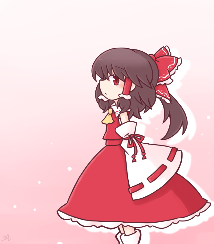 216 bow brown_hair collared_shirt detached_sleeves frilled_bow frilled_hair_tubes frilled_skirt frills from_side hair_bow hair_tubes hakurei_reimu long_skirt looking_at_viewer medium_hair neckerchief red_bow red_eyes red_skirt red_vest ribbon-trimmed_sleeves ribbon_trim sarashi shirt skirt sleeveless socks standing touhou vest white_socks yellow_neckerchief